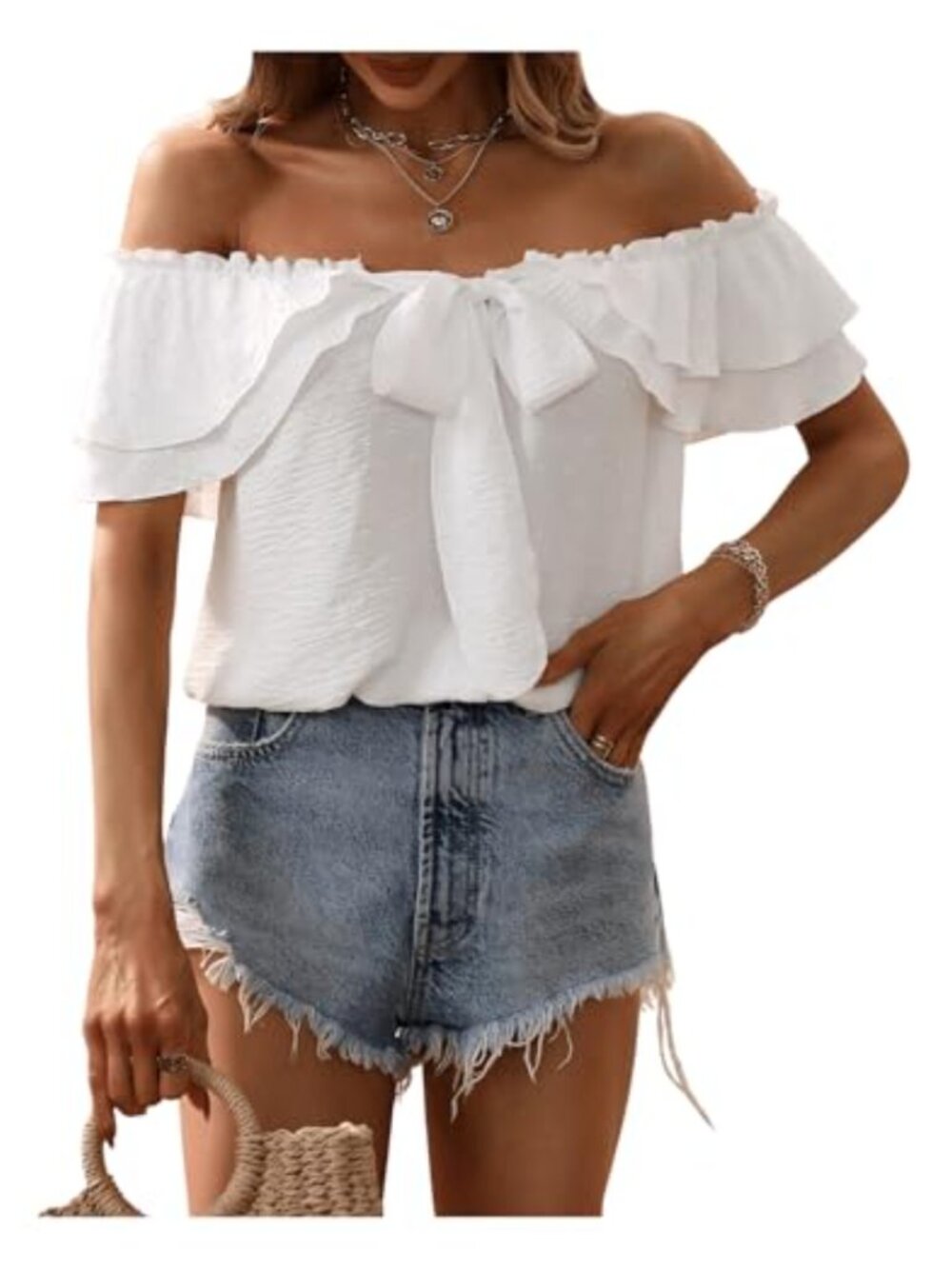 SweatyRocks Off Shoulder Ruffle Trim Knot Front Butterfly Short Sleeve Chiffon